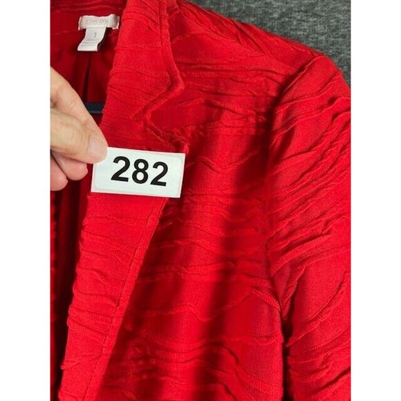 Chico's Womens Blazer Jacket Size 1 Red Textured Open Front Zip Pockets - Picture 6 of 6